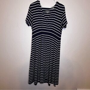 L.L. Bean Navy and White Striped Cotton V Neck Dress Size Large Nautical Summer